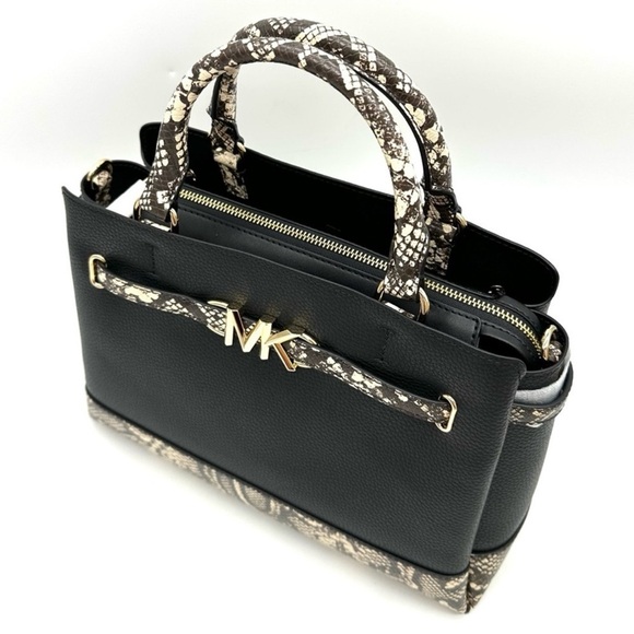 Michael Kors Reed Large Leather Belted Satchel Crossbody Bag Black Snakeskin - Picture 8 of 13